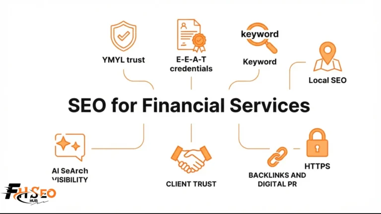 SEO for financial services infographic showing YMYL trust signals, E-E-A-T author credentials, local SEO, and AI search visibility for finance firms