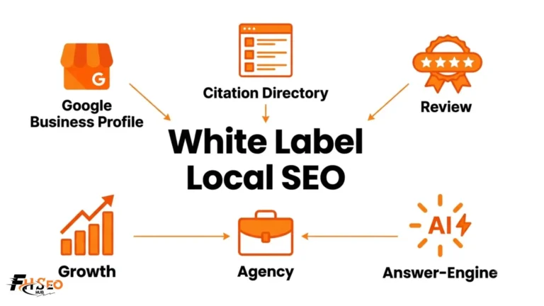 White label local SEO infographic showing Google Business Profile, citations, reviews, and AI search visibility for agencies