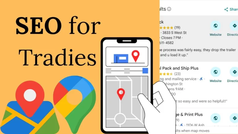 SEO for tradies infographic showing Google Business Profile, service pages, location pages, and reviews workflow