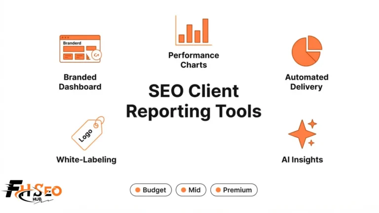SEO client reporting tools comparison infographic showing branded dashboards, pricing tiers, and agency features side by side