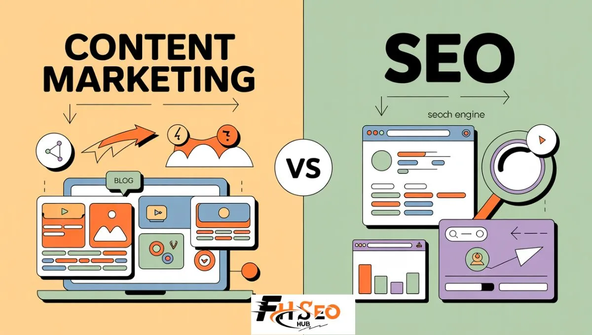 Infographic comparing content marketing vs SEO, showing trust-building content on one side and search visibility on the other, meeting in the middle