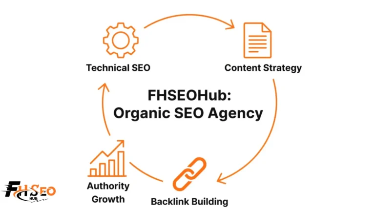 FHSEOHub organic SEO agency infographic showing backlink building, technical SEO, content strategy, and authority growth system