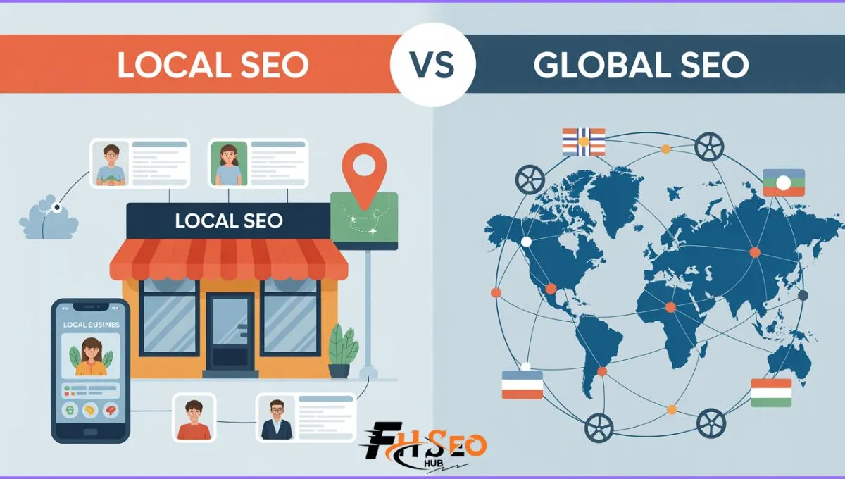 Infographic comparing local SEO vs global SEO, showing proximity and Maps signals against international targeting and language pages