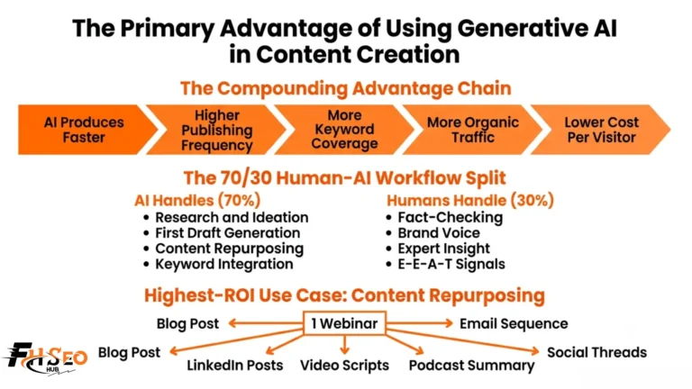 Infographic showing the primary advantage of using generative AI in content creation including content velocity, repurposing workflow, E-E-A-T balance, and human-AI collaboration.