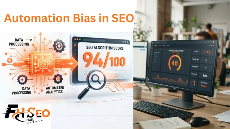 Illustration of automation bias in SEO showing a person questioning an algorithm's score