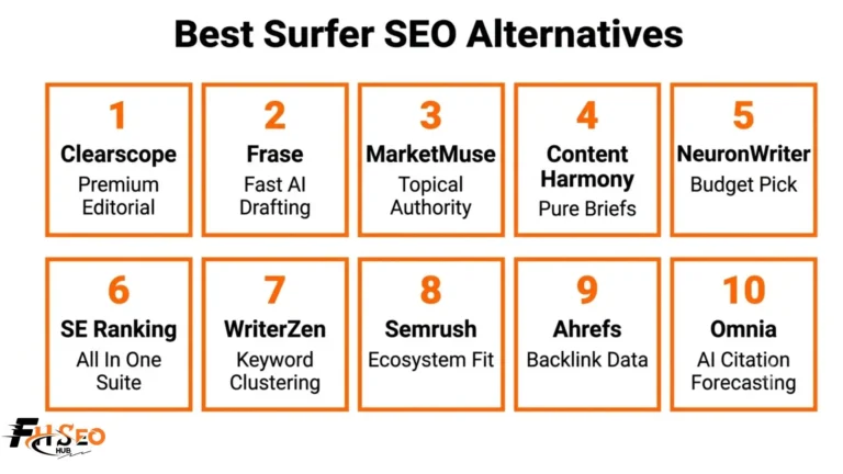 10 best Surfer SEO alternatives infographic comparing Clearscope Frase MarketMuse NeuronWriter and Omnia by workflow bottleneck and pricing