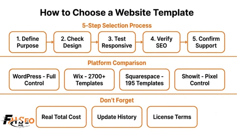 How to choose a website template infographic showing design checklist, platform comparison, and template category breakdown.