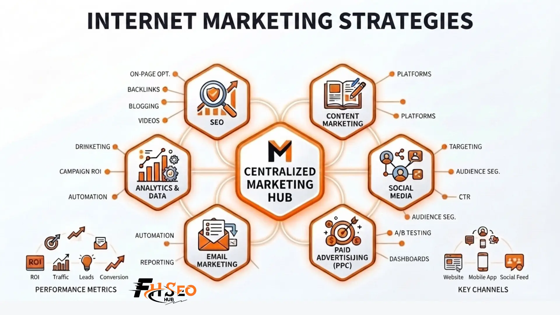 Internet marketing strategies overview showing SEO, PPC, email, and social media channels