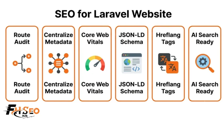 SEO for Laravel website technical guide infographic showing routing, metadata, Core Web Vitals, schema, and AI search optimization steps