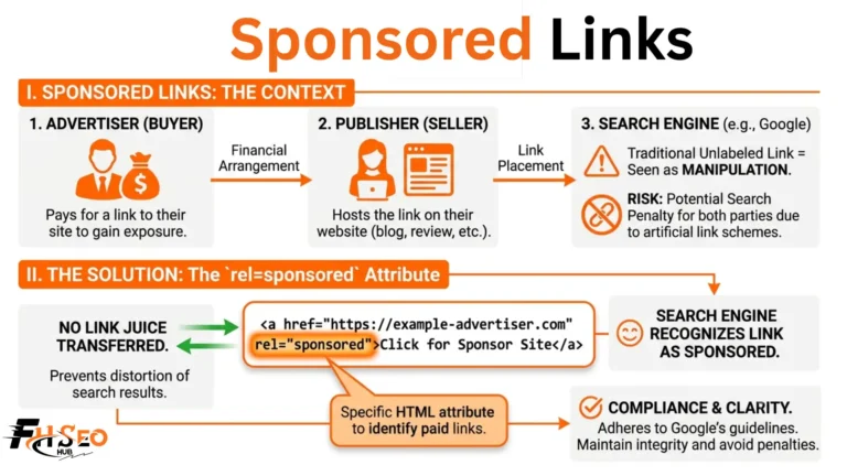 Diagram explaining sponsored links in SEO and the rel=sponsored attribute