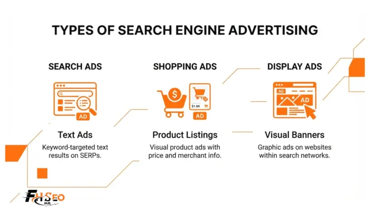 Chart showing the types of search engine advertising including search, shopping, display, and video ads