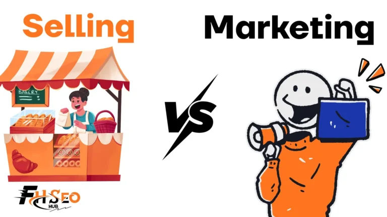 Selling vs marketing comparison chart showing time frame, focus, and goal differences