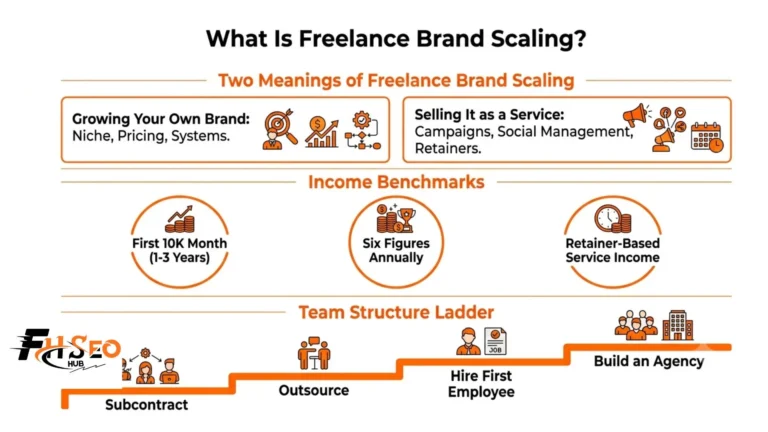 Freelance brand scaling definition infographic showing the two meanings, income benchmarks, service package breakdown, and team structure decision framework