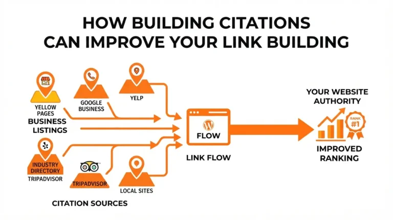 Diagram showing how citation building strengthens a link building campaign through NAP consistency and referring domains
