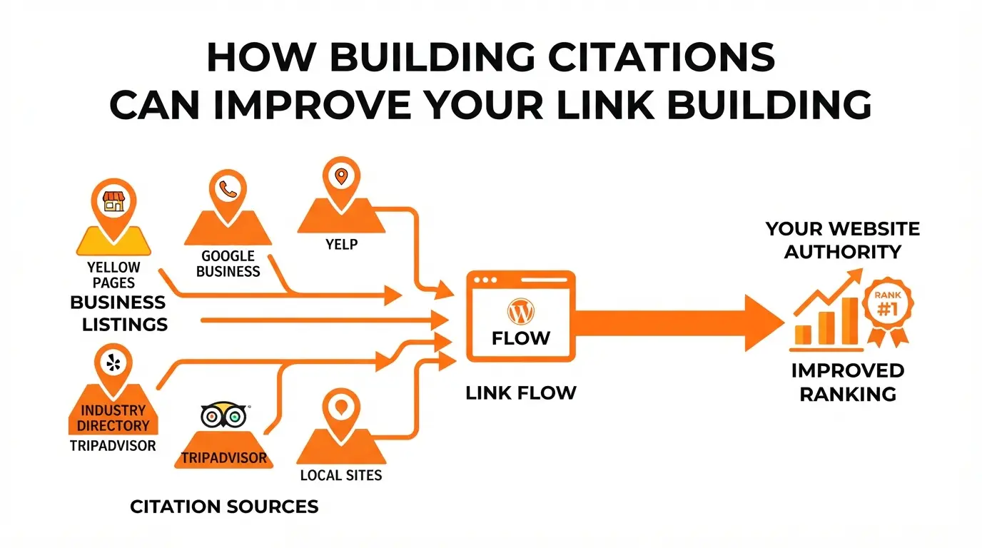 Diagram showing how citation building strengthens a link building campaign through NAP consistency and referring domains