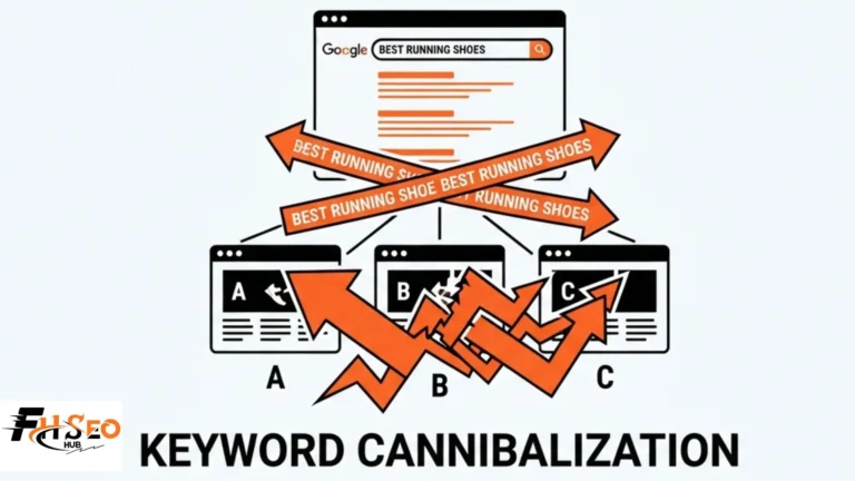 Diagram showing how to identify and fix keyword cannibalization between competing pages