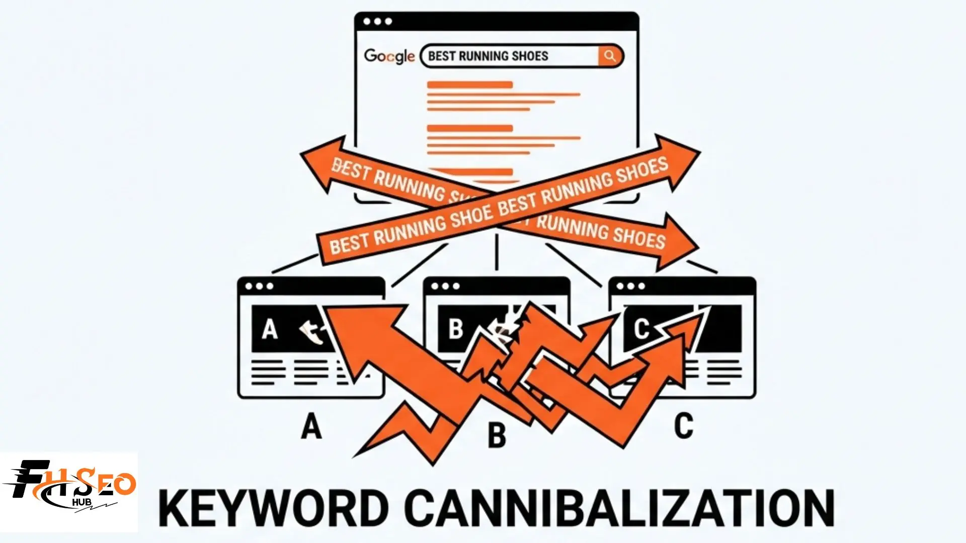 Diagram showing how to identify and fix keyword cannibalization between competing pages