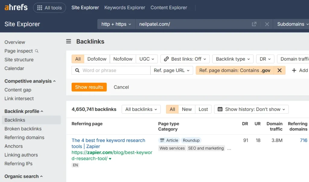 add contains filter and find .gov backlinks