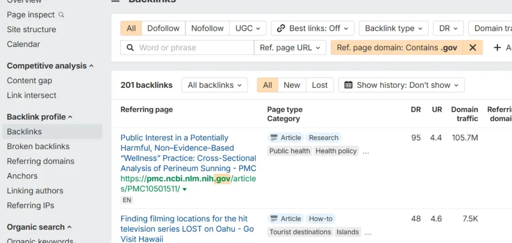 this ahrefs filter shows only .gov backlinks