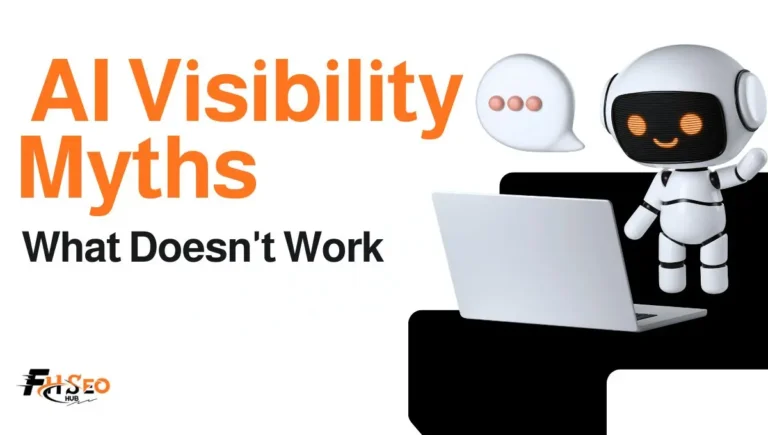 AI visibility myths infographic comparing llms.txt, schema markup, and brand mentions for AI search citations