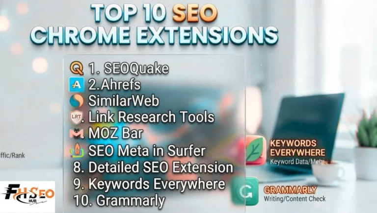 Row of icons showing the top 10 SEO Chrome extensions for keyword research, backlinks, and on-page audits