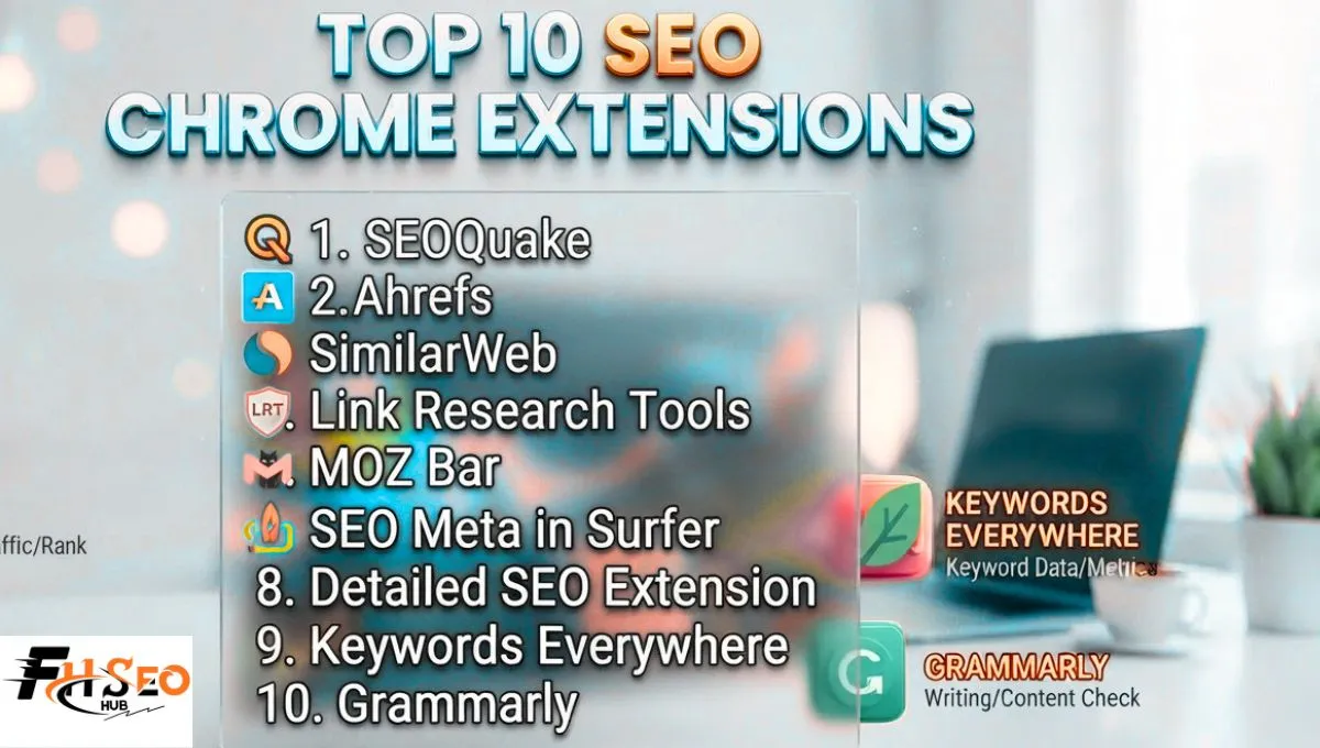 Row of icons showing the top 10 SEO Chrome extensions for keyword research, backlinks, and on-page audits