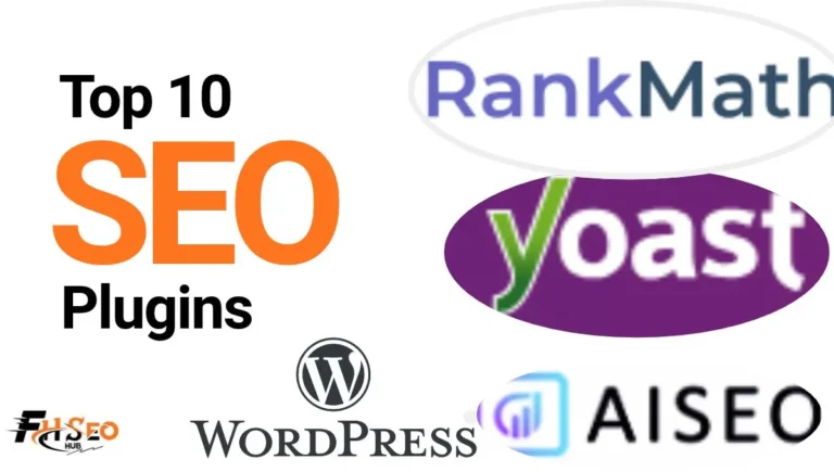 Comparison chart of the top 10 SEO plugins for WordPress in 2026 showing Rank Math, Yoast SEO, AIOSEO and SEOPress pricing and features