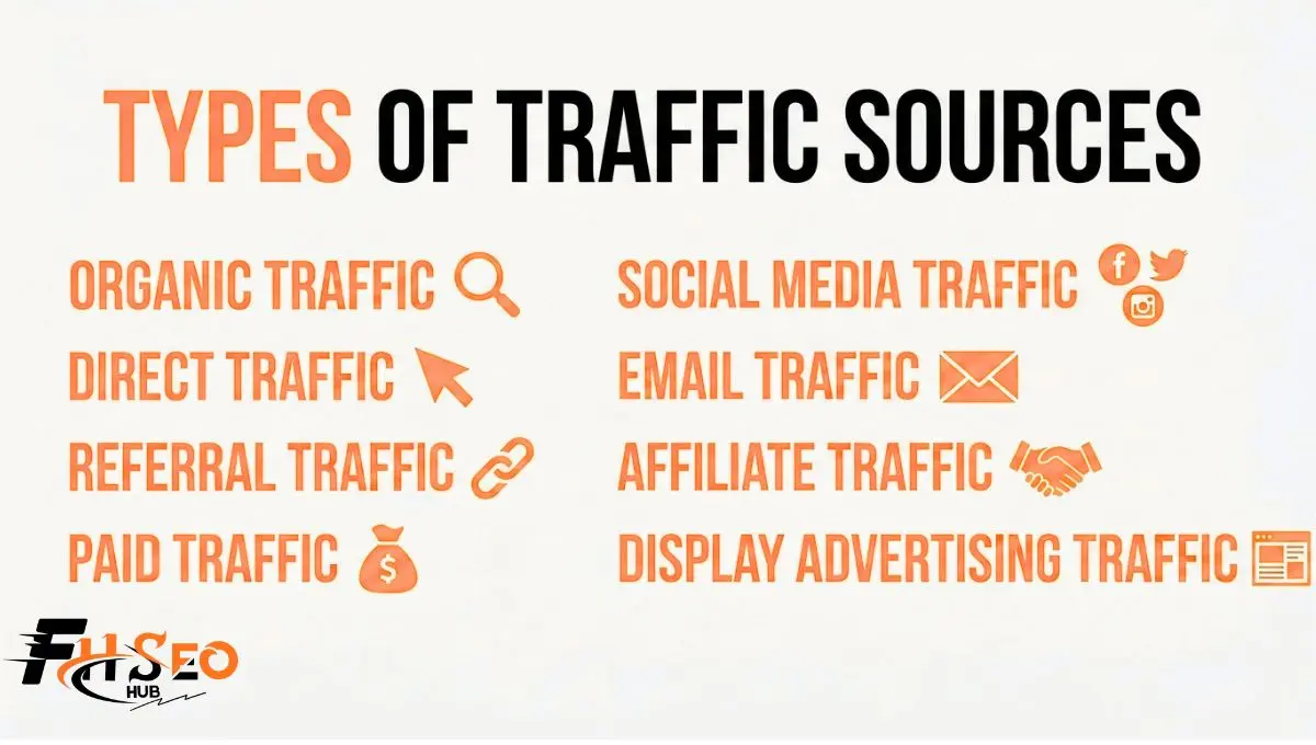 Chart showing the main types of traffic sources including organic, direct, referral, paid, social, and dark social traffic