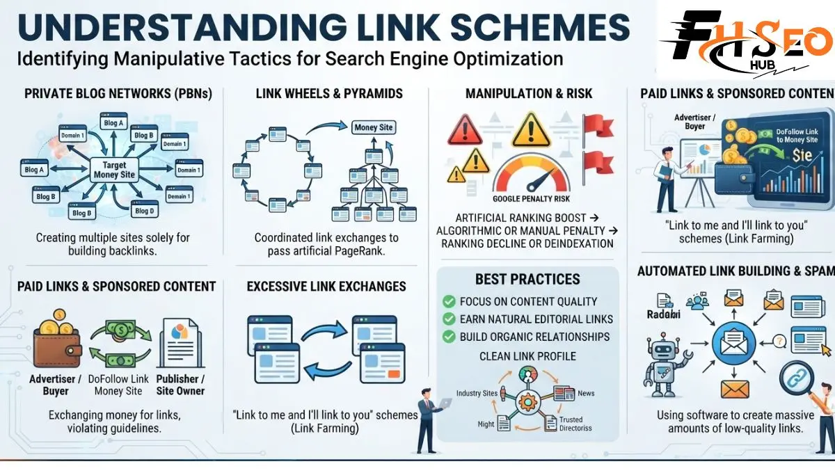 Diagram showing types of link schemes including PBNs, link wheels, and link farms with Google detection signals